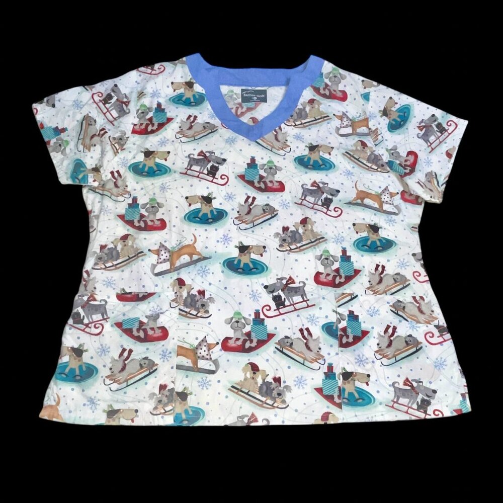 Buttersoft Scrub Top XL Winter Dogs Lover Holiday Snow Puppy  Sledding Nurse Vet